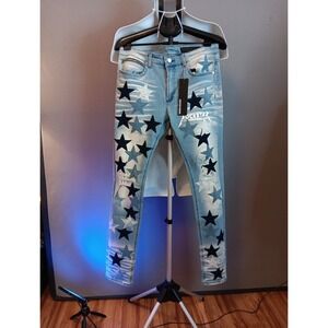Rockstar Original Star Patch Stacked Denim Jeans Light Blue Distressed NWT 32